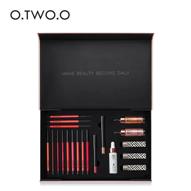 

O.TWO.O 20 PCS Makeup Set Lip Liner Matte Lipstick Pencil Liquid Highlighter Rose Gold Face Primer Essential Oil with Gift Box