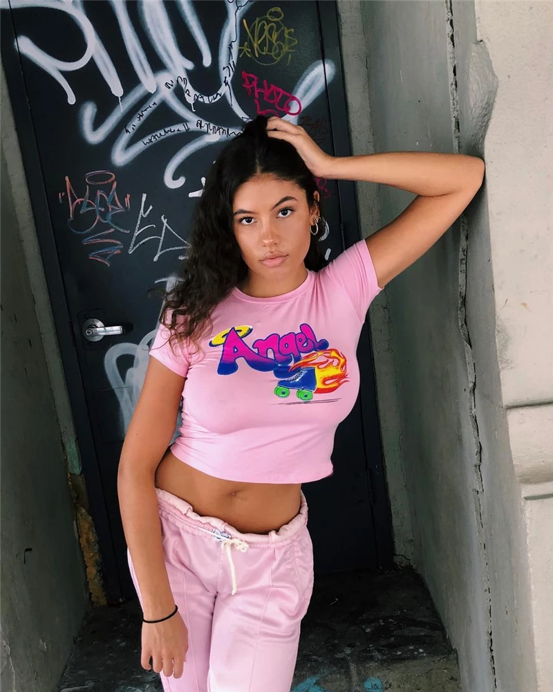 InstaHot Angel Printed Pink Short Sleeve T Shirts Women New Fashion Streetwear Sexy Cool Crop Tops Lady Tees Summer Style