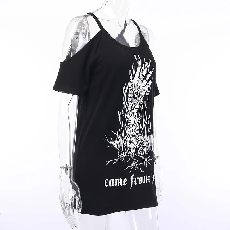 Gothic Witch Black Loose T-shirts Summer Fingers Printe Off Shoulder Punk Streetwear T-shirt Short Sleeve Harajuku Long T-shirt