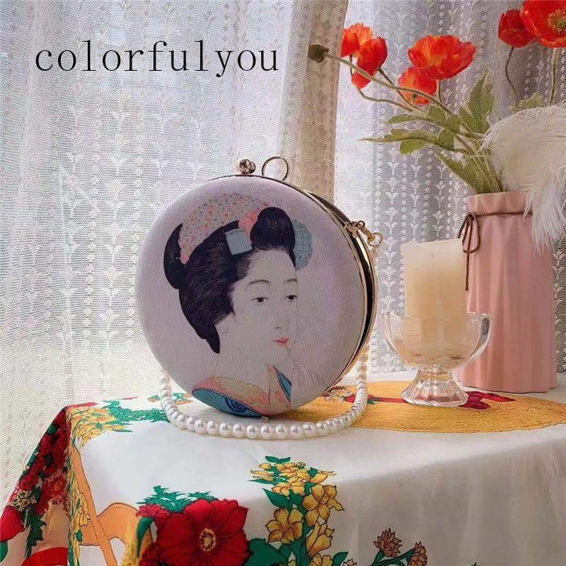 

Japanese lady figure pattern Women Handbag Small Round Bag Designer pearl chain Shoulder Messenger Bag Evening Clutch bag 2019