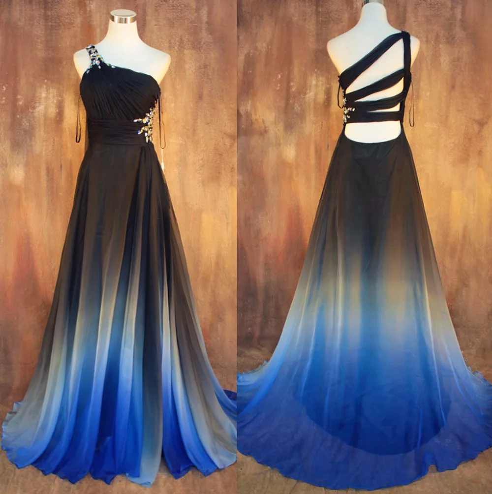 

Vestidos New Gradient Ombre Chiffon Prom Dresses 2015 sexy backless beading Evening Dress one shoulder Pleats Women Dress