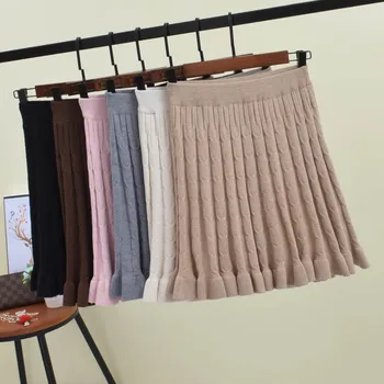 

2019 Women Knitted Skirt Autumn Winter Solid Elastic High Waist Short skirts Umbrella Pleated Skirt Female Mini Ruffle Skirt
