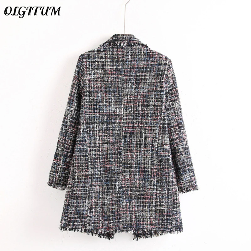 Skup Świeży styl wiosna jesień kobieta casualowa kurtka płaszcz ręcznie pomponem luźny płaszcz w kratkę tweedowy płaszcz kurtka klapa gruba kurtka