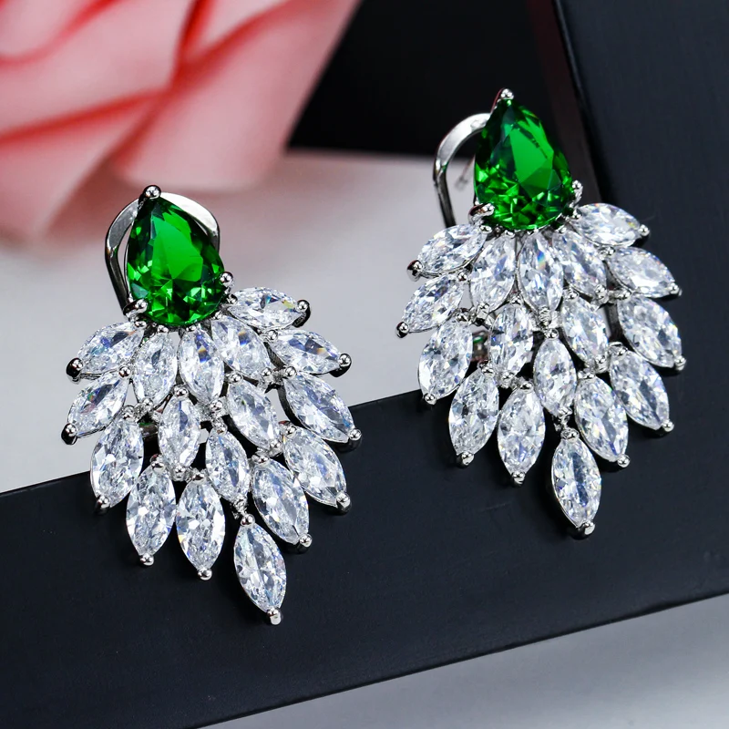 ThreeGraces Vintage Big Water Drop Green Crystal Stone Long Earrings Flower Cubic Zirconia Women Wedding Hanging Earring ER047 - Image 5
