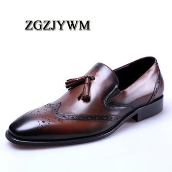 

ZGZJYWM New Black /Wine Red Oxfords Formal Mens Dress Slip-On Pointed Toe Genuine Leather Business Man Wedding Shoes With Tassel