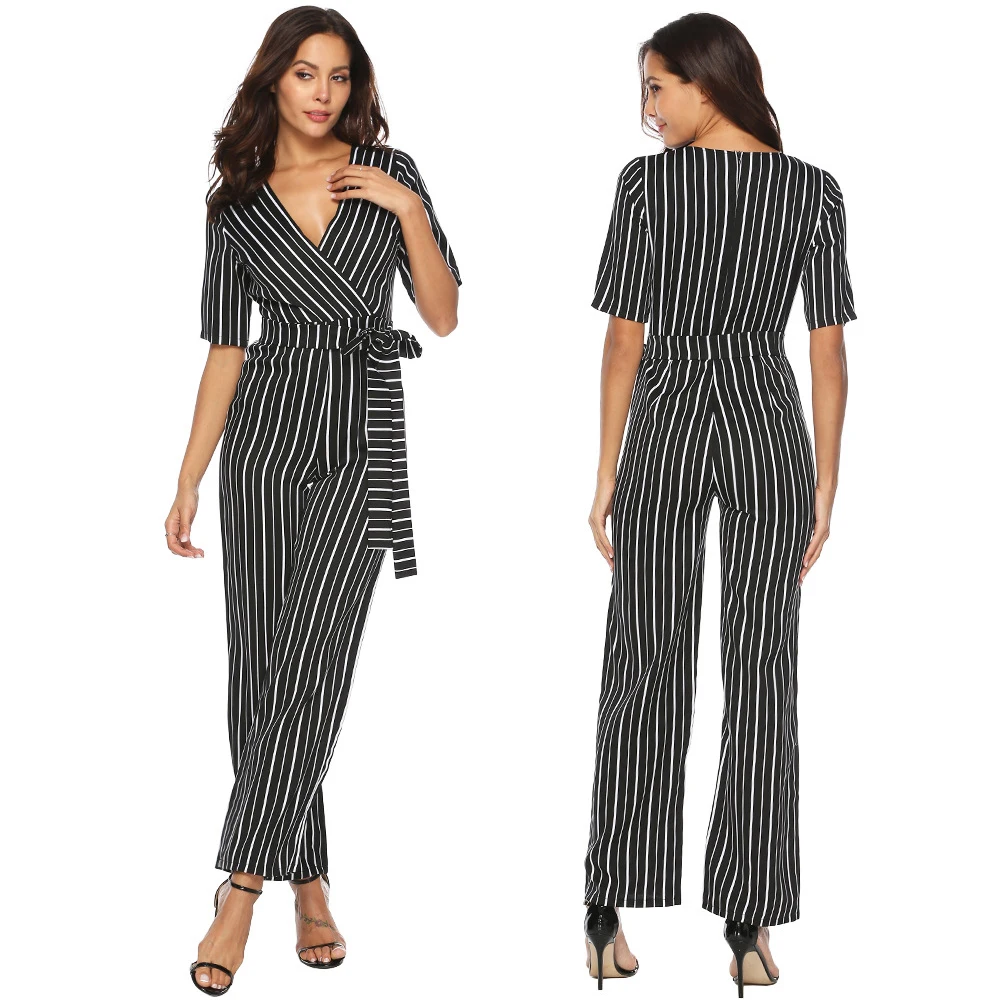 Wide Leg Black Jumpsuits Women OL Work Wear Half Sleeve Striped Jumpsuit Playsuit Tracksuit Long Pants Wide Leg Trousers Overall Wide Leg Black Jumpsuits Women OL Work Wear Half Sleeve Striped Jumpsuit Playsuit Tracksuit Long Pants Wide Leg Trousers Overall