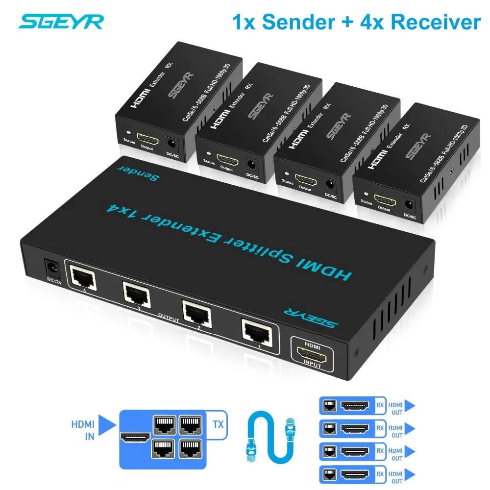 4 порта HDMI удлинитель 4k 60m 196ft 1080p1x4 разветвитель по UTP CAT5e/Cat5/Cat6 Ethernet кабель (1x