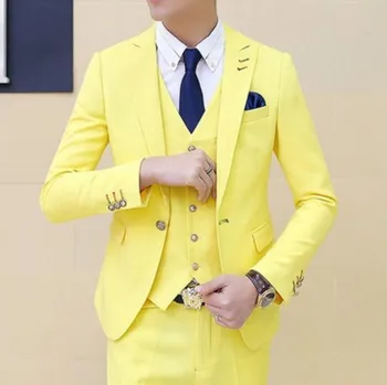 

Yellow 3PC Suit Men Brand New Slim Fit Business Formal Wear Tuxedo High Quality Wedding Dress Mens Suits Casual Custom Made