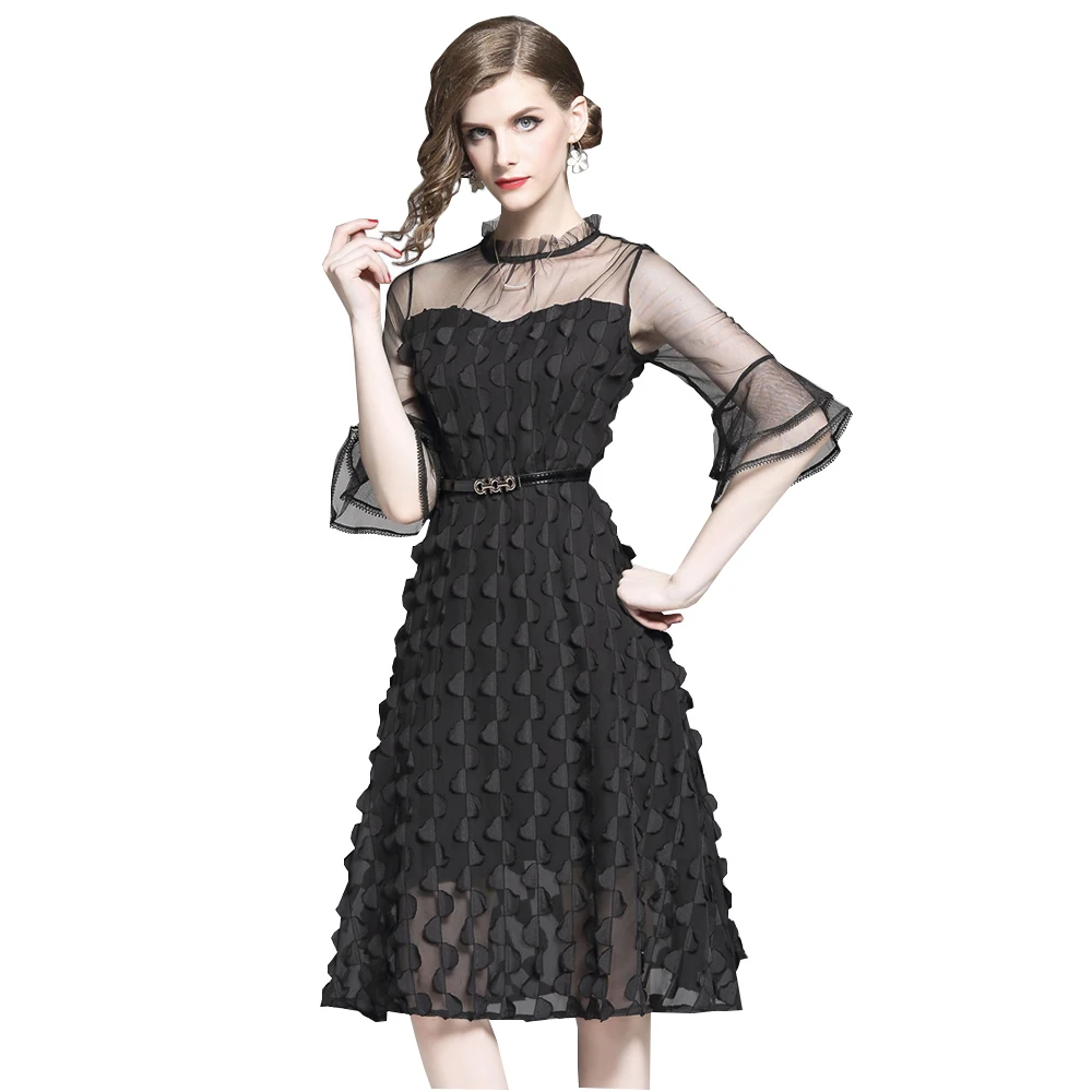

Elegant Woman Mesh Party Dress Stand Collar Flare Sleeve 3D Tessels A-line Dresses OL Slim Midi Party Dresses Solid Black White