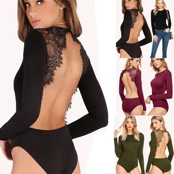 

Hirigin Women Blouse Bodysuit Long Sleeve Backless Skinny Jumpsuit Sexy Lace Patchwork Shirt Long Tops