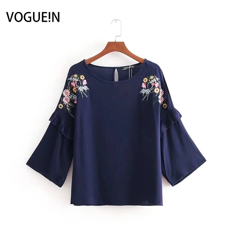 

VOGUEIN New Womens Floral Embroidery O-Neck 3/4 Sleeve Navy Blouse Shirt Tops Wholesale
