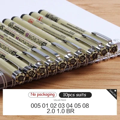 Маркер Sakura, ручка для рисования, микрон, игла, карандаш, кисть для подводки(бумажная метка, водонепроницаемая), принадлежности для письма - Цвет: 10pcs  suit
