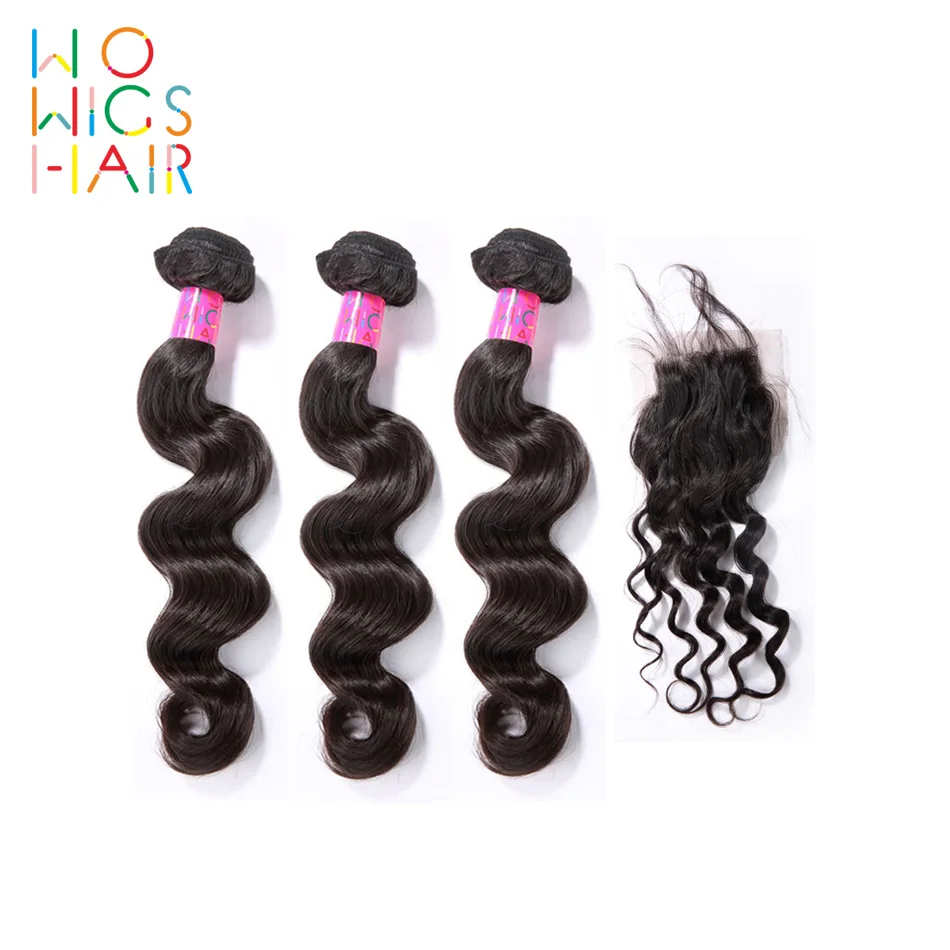 WoWigs волосы, индийские волосы remy свободная волна 3 Связки дело с топ синтетическое закрытие шнурка волос/фронтальные натуральный цвет 1B
