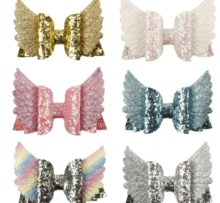 

4'' Glitter Hair Bows Layered Wings Rainbow Color Mini Hair Bow Double Clip For Children Girls Hairpins Hair Accessories
