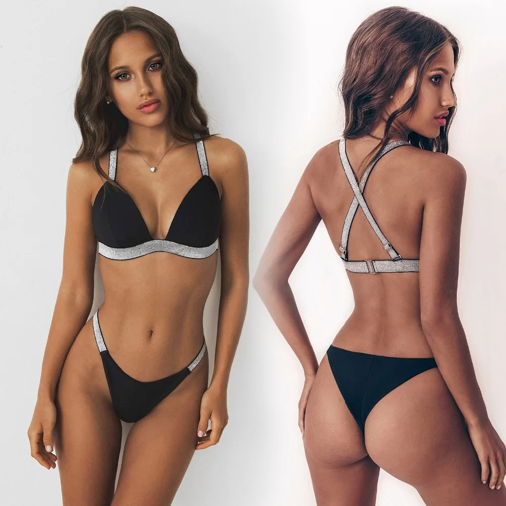 

2019 Solid Flash Bikini Set Women Swimsuit Patchwork Swimwear Push Up Female Thong Beachwear Retro Triangle Suit Bathing Suit