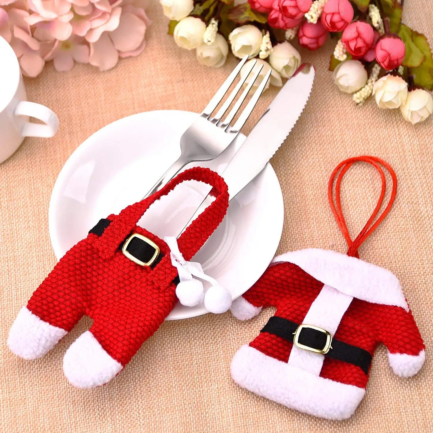 

12pcs Christmas Tableware Decoration Santa Clothes Pants Cutlery Bags Cover Xmas Knives Forks Bag Holder Party Supply Navidad