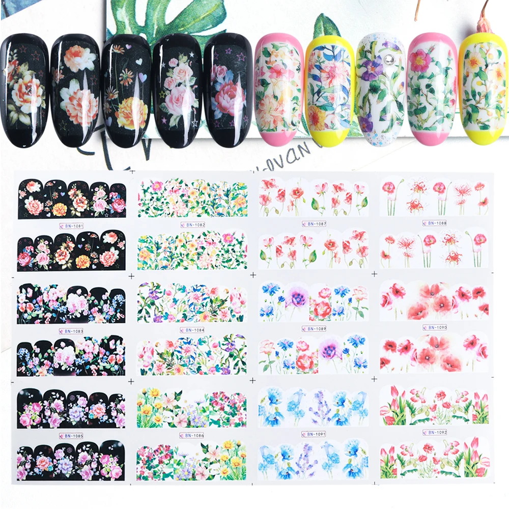 

12 Designs Tattoo Water Transfer Nail Foils Bright Flowers Nail Art Decorations Stickers Manicure Strips Decals TRBN1081-1092