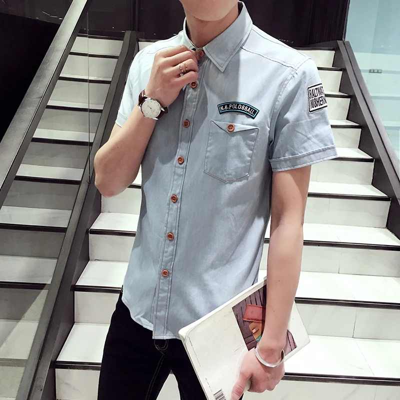 

2019 New Men Denim Shirt Summer Style Short Sleeve Casual Shirt Slim Cotton Camisa Social Masculina Size 3XL