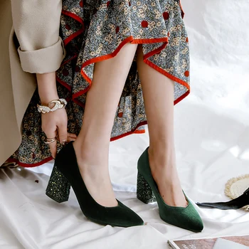 

MNIXUAN handmade retro women shoes shallow pumps high heels 2018 new sexy gold velvet pointed toe thick heels big size 34-43
