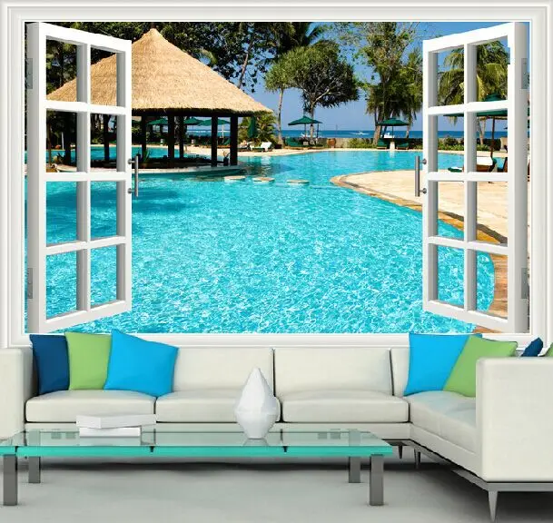 

Wholesale Scenery Window Frame Mural Bule Sky Water 3d Murals Vinyl Wallpaper for Living Room 3d Wall Photo Mural Wall Fresco