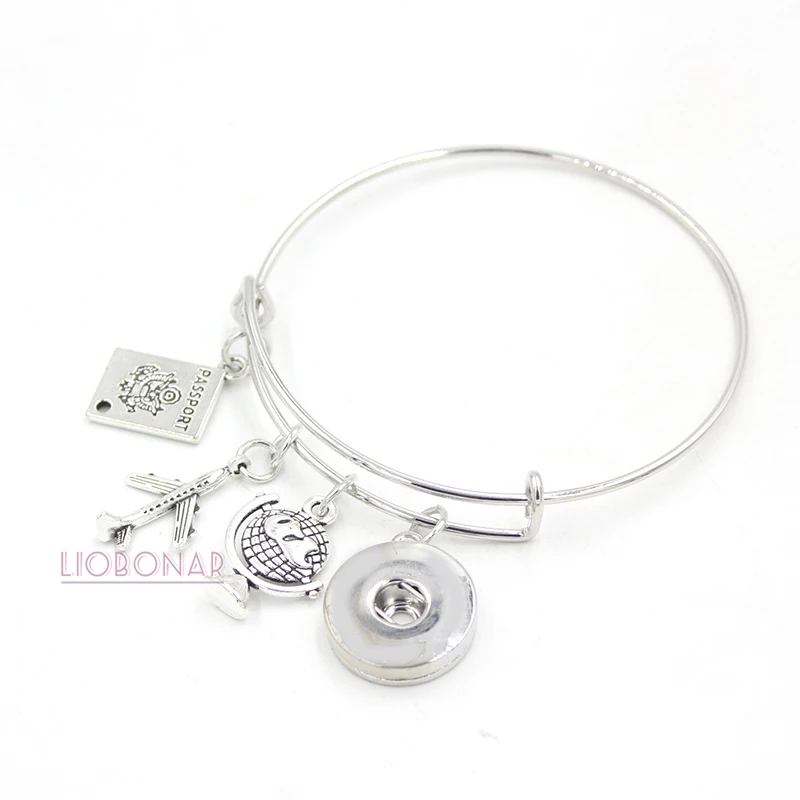 

1PC 18mm Snap Jewelry Passport Charm Bracelet Travel Gift Airplane Expandable Bangle Snap Button Bracelets for Women