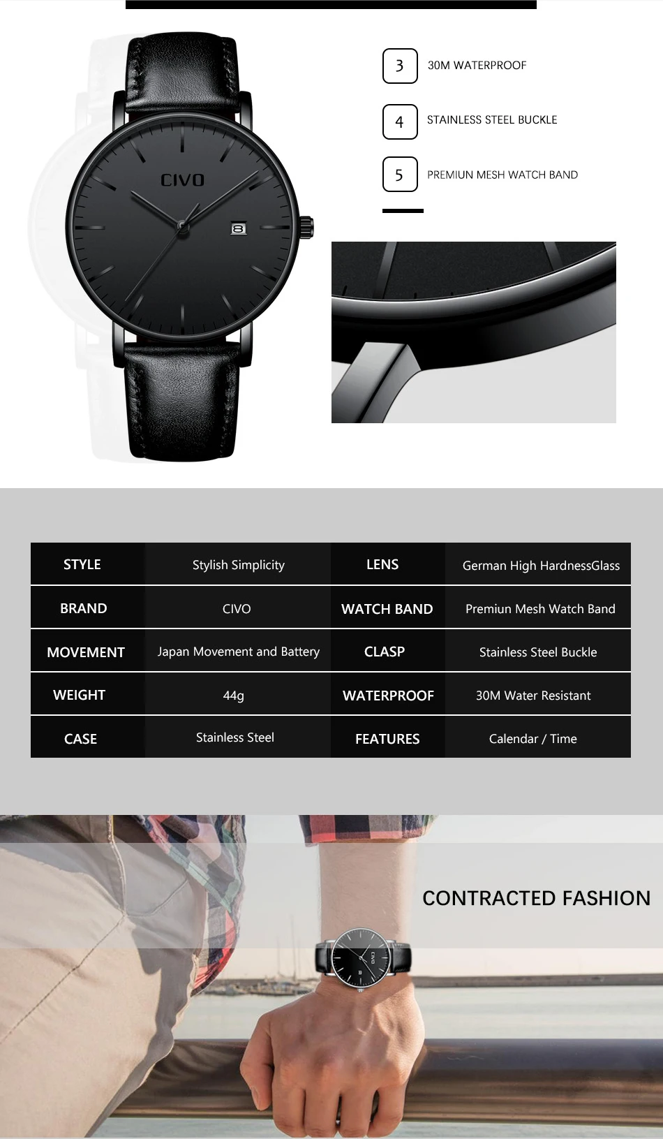 CIVO ультратонкие минималистичные водонепроницаемые Модные мужские часы с датой кварцевые наручные часы для мужчин черные часы из