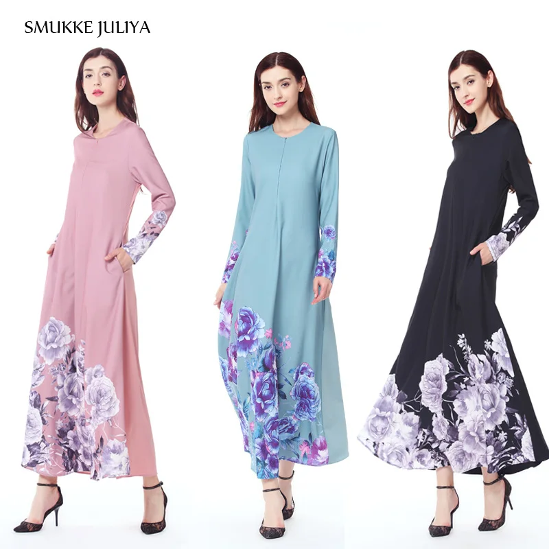 

Formal summer muslim women dress women's dresses pink blue black long sleeve Islamic abaya Turkish arabic muslim gown robes