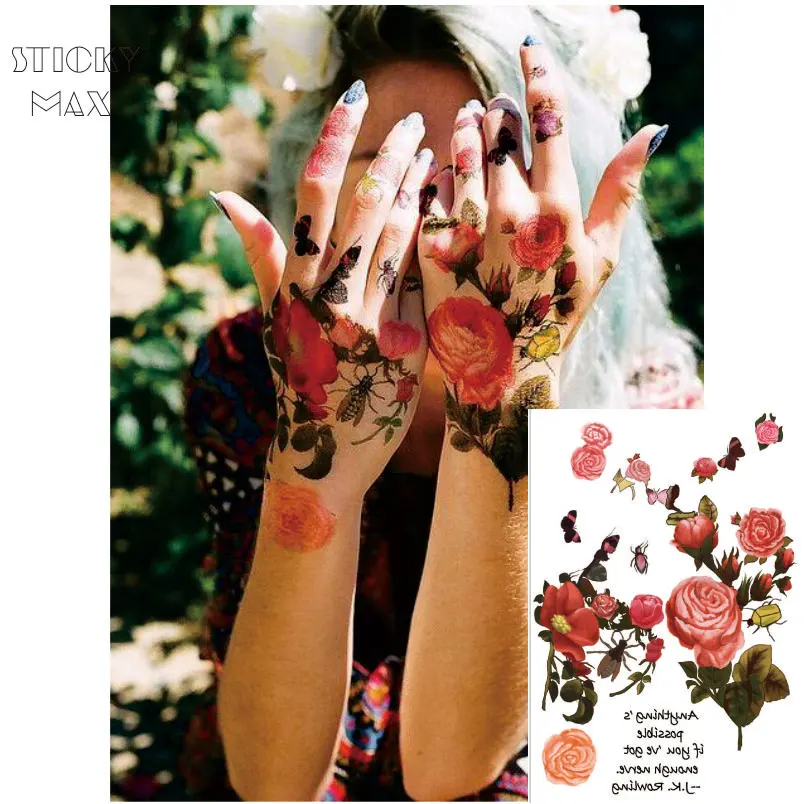 

W06 1 Piece Nature Pink Red Rose and Camellia Flower Henna Tattoo with Bees, J.K. Rowling Quote Design Body Paint Tattoos