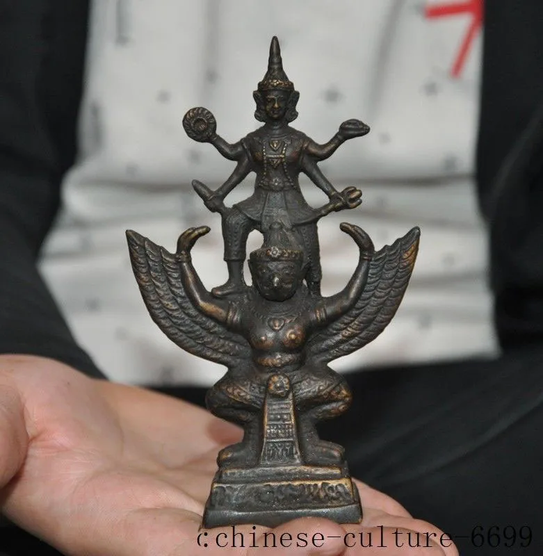 

christmas old Tibet Buddhism bronze 4 arms Buddha Redpoll Winged Garuda Bird Eagle Statue halloween