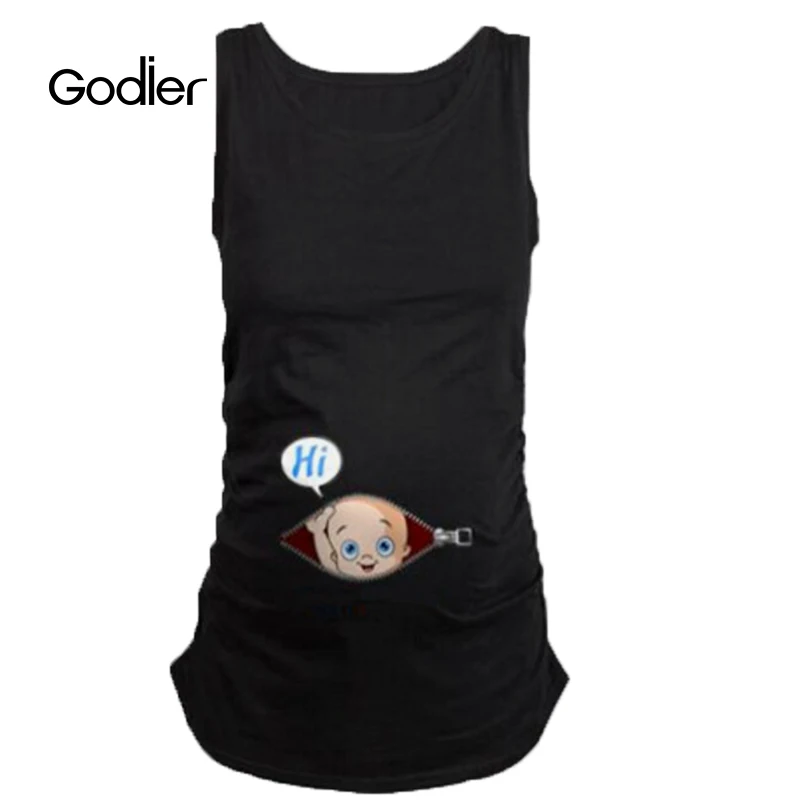 Godier Women Pregnant T-shirt Costume Summer Funny Pregnancy Cotton Vest Shirts Casual Sleeveless Tees Tops Maternity Clothes