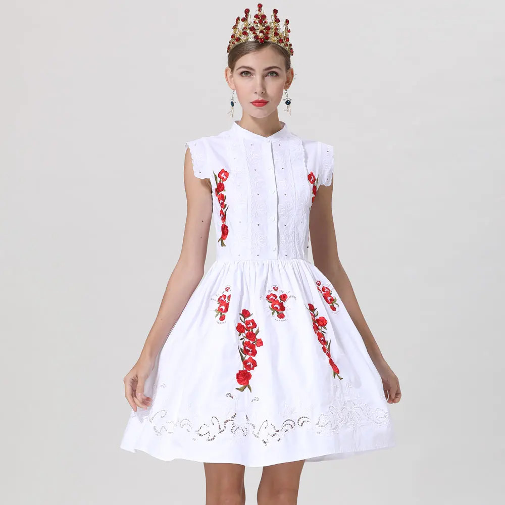 

Red RoosaRosee New Elegant Hollow-out Embroidery Sleeveless Lady White Cotton Dresses 2019 Designer Women Spring Summer Vestidos