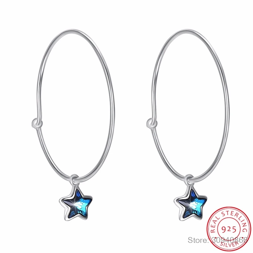 Real 925 Sterling Silver LEKANI Crystals Star Hoop Earrings for Women Girls Fine Jewelry Romantic Girl Fashion | Украшения и