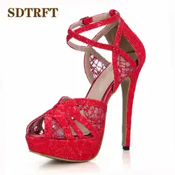 SDTRFT zapatos mujer женские летние босоножки на платформе 14 см тонкий шпильке открытый носок свадебные туфли женщина с перекрестными ремешками