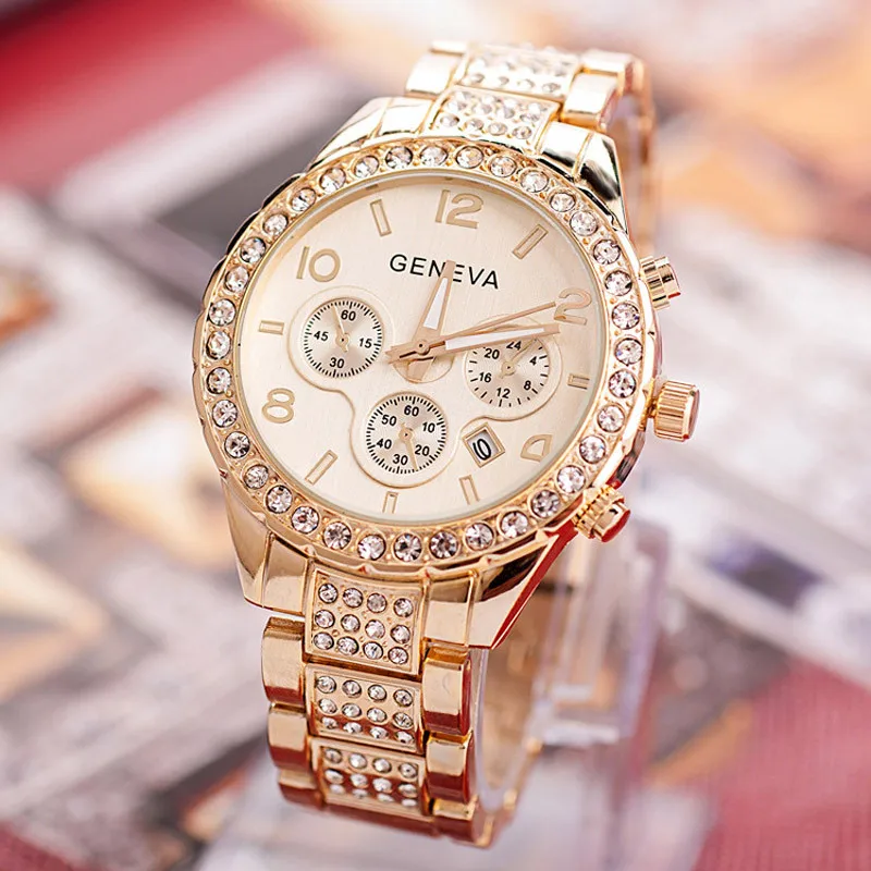 Роскошные Хрустальные кварцевые часы для женщин Женевская нержавеющая сталь Часы мужские Дамская мода большой циферблат браслет наручные# Zer