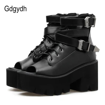 

Gdgydh Open Toe Summer Boots Shoes Women Platform Shoes 2019 New Fashion Buckle Black Leather Female Footwear On Summer Chunky