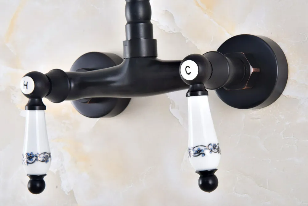 Kitchen Wet Bar Bathroom Vessel Sink Faucet Black Oil Rubbed Brass Wall Mounted Swivel Spout Mixer Tap Dual Ceramic Lever mnf828