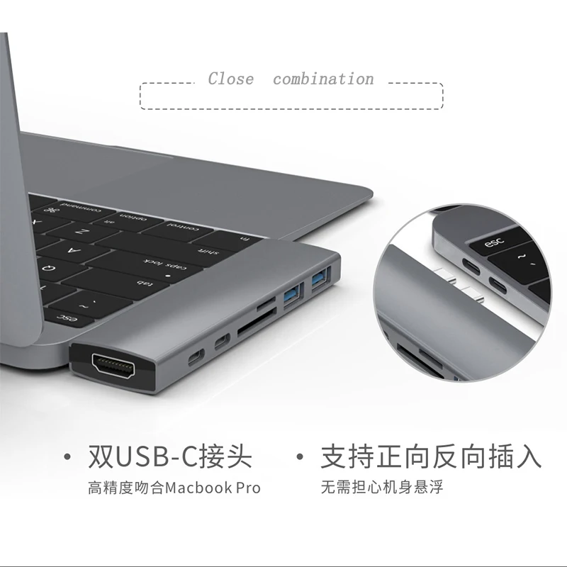 

basix 7 in 1 Thunderbolt 3 Dual USB3.1 Type C Adapter USB-C to HUB 4K 2-Port USB 3.0 SD/Micro Card Reader Adapter Cable for Mac