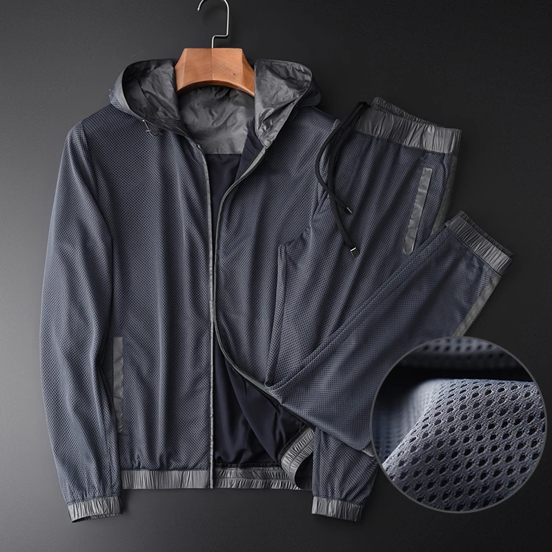 

Minglu Hooded Jacket Men Sets (JACKETS+PANTS) Luxury Ventilate Mesh Casual Sport Man Sets Plus Size 4xl Spring Slim Thin Man Set