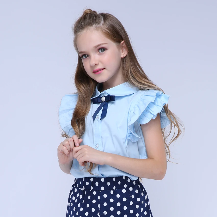  Kids Shirts for Girls Summer Petal Sleeve Blouses Child Solid Shirts School Girls Blue Tops 4 6 8 1