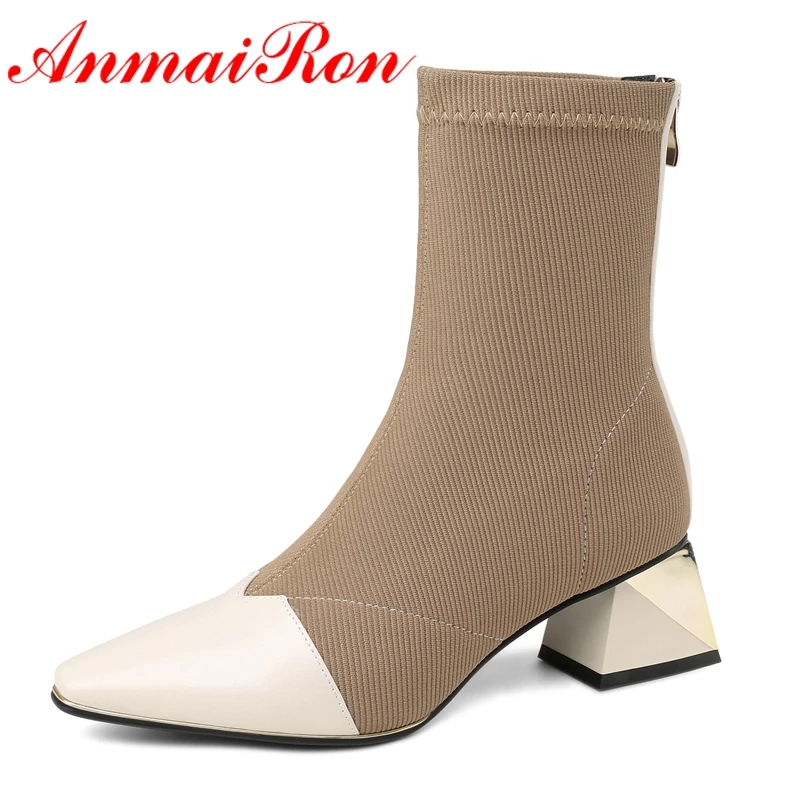 

AnmaiRon Pointed Toe Basic Mid Boots Women Boots 2018 Women Spring and Autumn Boots Women Size 34-40 LY010