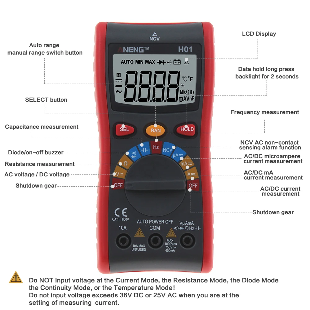 ANENG H01 4000 отсчетов Автоматический диапазон цифровой мультиметр Подсветка AC/DC Амперметр Вольтметр Ом ЖК-дисплей провод тестирование с ручным