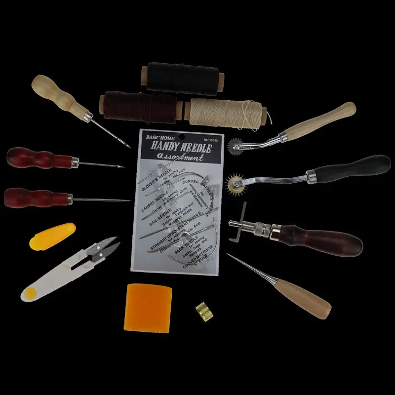 Набор инструментов для кожевенного ремесла, набор для шитья, работы, шитья, седла, наперсток, шило, вощеный наперсток, комплект - Цвет: 14PCS 1SET