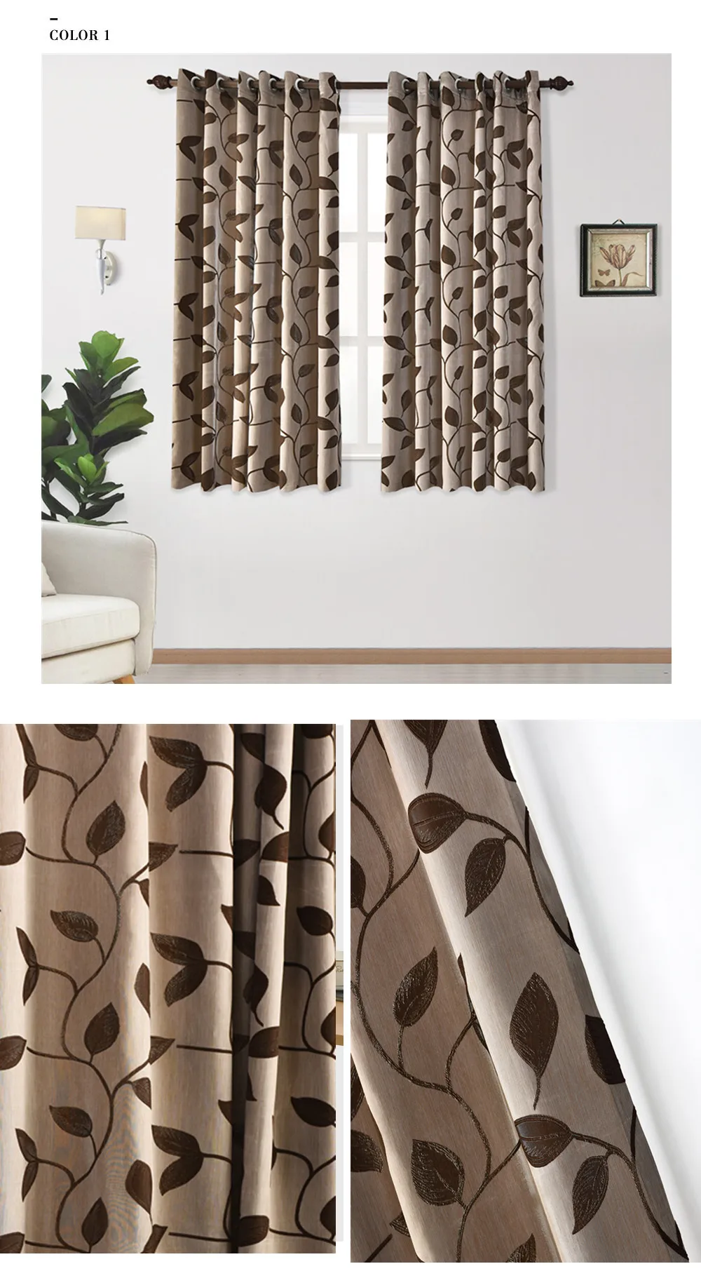 LOZUJOJU Pastoral Leaves Jacquard Short Drapes for Living Room Windows Thick Fabric Semi Shade Grommet Top Ready Made Modern (1)