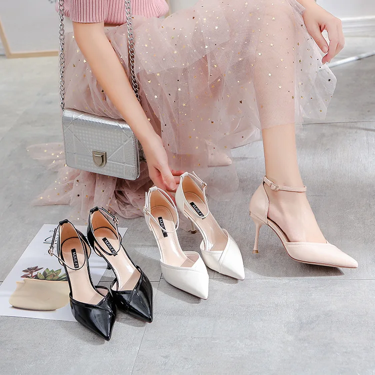 

2019 summer new fashion simple solid color high heel stiletto pointed buckle buckle decorative high heels