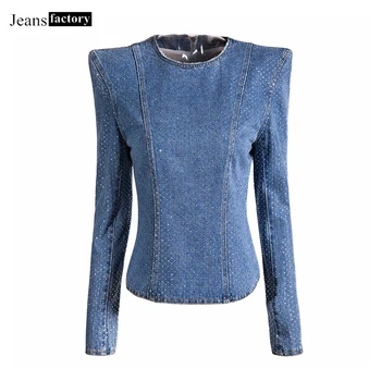 

Fashion Shoulder Pads Zipper Jacket Women Long Sleeve Washed Denim Jacket Female Casual Slim Jackets Elegant Ladies Basic Coats