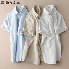 Модные мужские льняные рубашки, однотонные, с коротким рукавом, белые, 4XL, приталенная рубашка с отложным воротником, повседневные летние пляжные Топы
