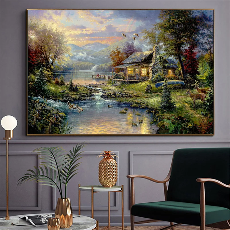 

Farmhouse Poster Nature Modern Thomas Kinkade Landscape Oil Painting Canvas Prints Home Decoration Maison Mountain Lake Art