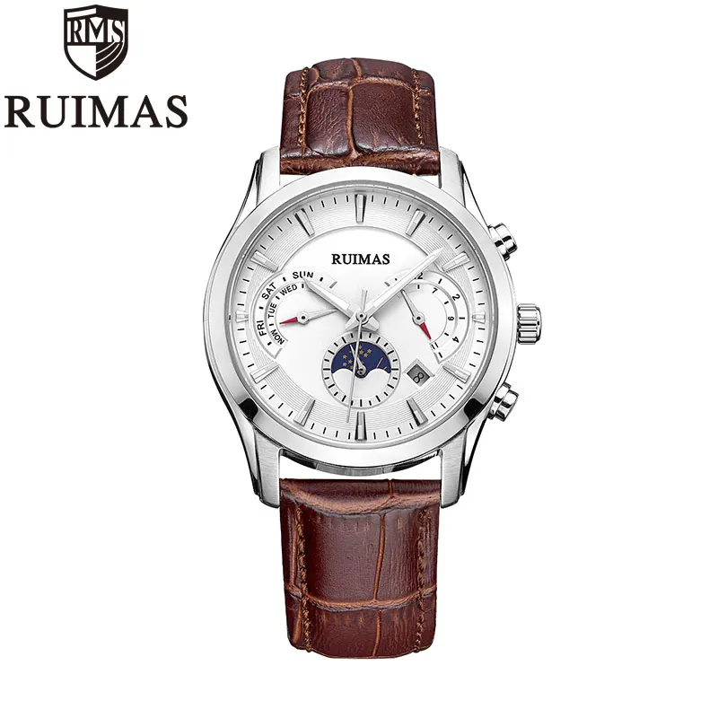 

Ruimas Mechanical Watch Men Automatic Rose Gold Leather Mechanical Wrist Watches Reloj Hombre 2019