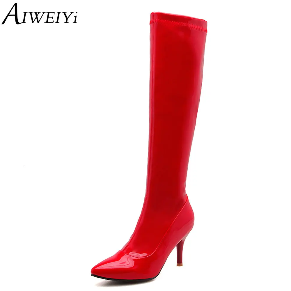 

AIWEIYi Knee High Boots for Women Patent Leather Pointed toe High Heels Platform Shoes Comfortable Thigh High Boots Black Red