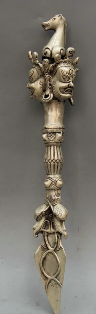 

JP S0524 14" Tibet Buddhism Silver Protector Deity Horse Head Phurba Dagger Holder